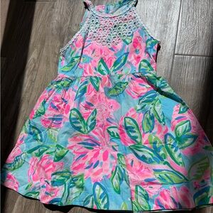 Lily PulitzerGirls' Blue Floral Halter Dress with Pink Accents